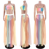 Nightclub Clothes Printed Breast Wrapped Colorful Mesh Skirt Two-piece Suit
