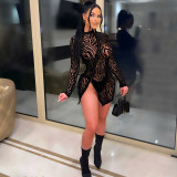 Sexy mesh see-through zipper flocking long sleeve dress women