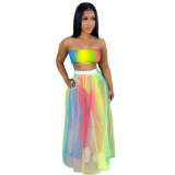 Nightclub Clothes Printed Breast Wrapped Colorful Mesh Skirt Two-piece Suit