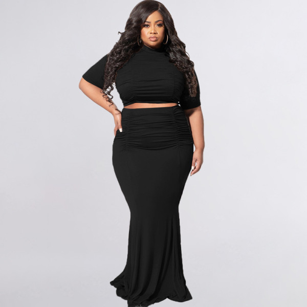 Solid color short-sleeved fashion casual two-piece suit plus size women's suit