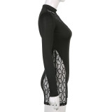 Fashion Mesh Panel Long Sleeve Jumpsuit Shorts