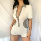 Lapel Breasted Contrast Panel Casual Jumpsuit Shorts