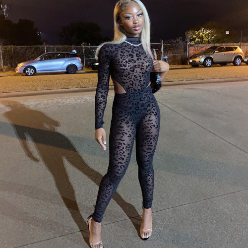 Sexy personality mesh flocking perspective one-shoulder long-sleeved suit
