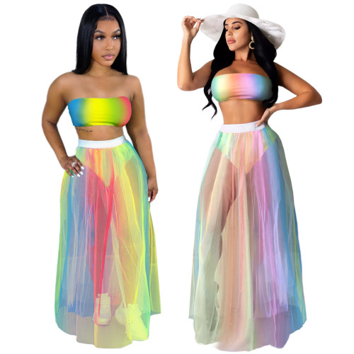 Nightclub Clothes Printed Breast Wrapped Colorful Mesh Skirt Two-piece Suit