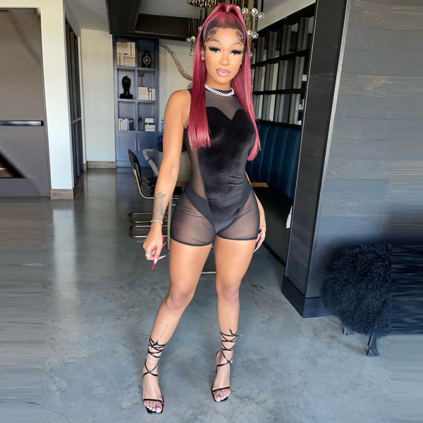 Sexy Patchwork Cutout Zipper Jumpsuit Shorts Sleeveless Bodysuit Women's
