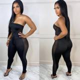 Fashion Sexy Trousers Tie Tight Mesh Splicing See-Through Jumpsuit Women's
