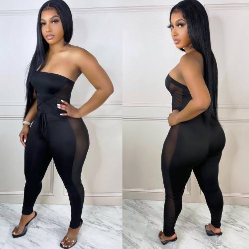 Fashion Sexy Trousers Tie Tight Mesh Splicing See-Through Jumpsuit Women's