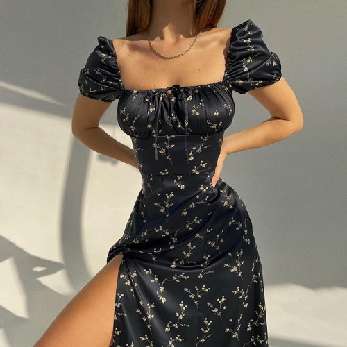 Printed Square Neck Knotted Split Dress Small Floral Long Dress