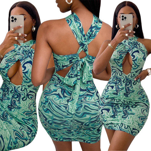 Nightclub suit sexy wrap chest cutout halter neck lace print dress
