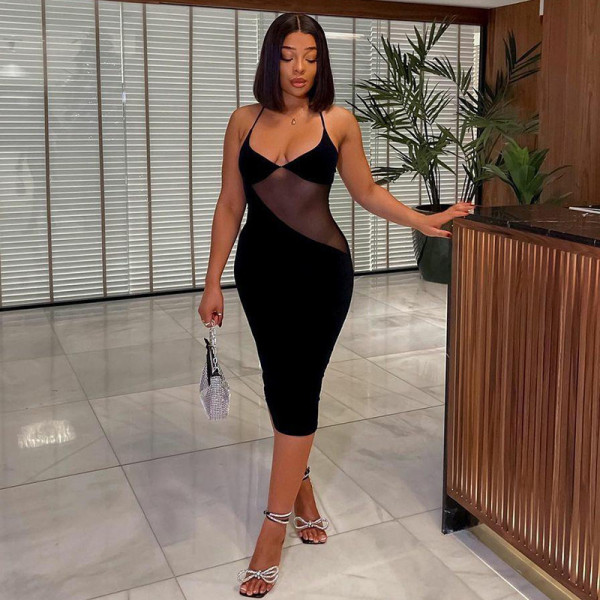 Basic mesh see-through sexy mid-length suspender dress