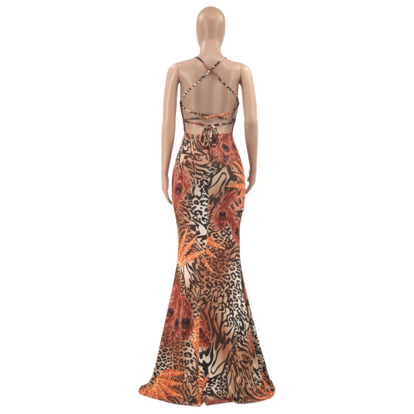 Dress feather print open-back waist-length dress