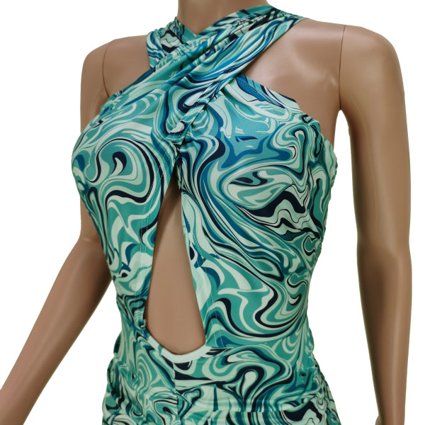 Nightclub suit sexy wrap chest cutout halter neck lace print dress
