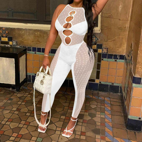 Sexy Patchwork Cutout Zipper Sleeveless Polka Dot Jumpsuit Women's