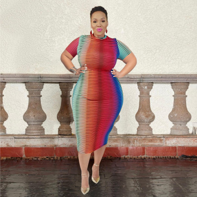 Round Neck Print Short Sleeve Fashion Bodysuit Plus Size Women's Dress