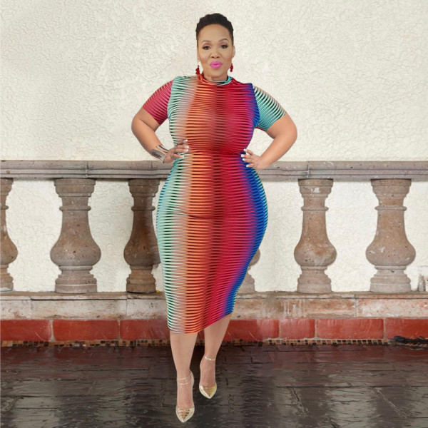 Round Neck Print Short Sleeve Fashion Bodysuit Plus Size Women's Dress