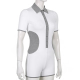 Lapel Breasted Contrast Panel Casual Jumpsuit Shorts