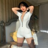 Lapel Breasted Contrast Panel Casual Jumpsuit Shorts