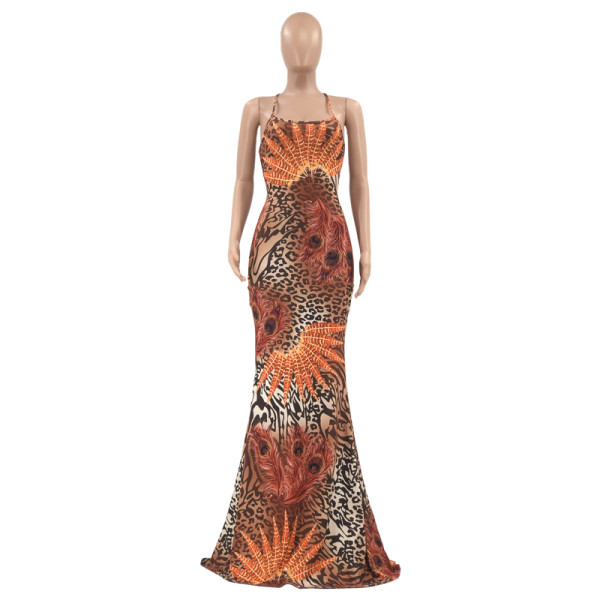 Dress feather print open-back waist-length dress