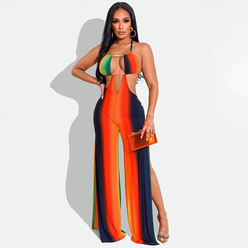 Nightclub wear strapless backless sexy print wide-leg jumpsuit