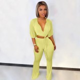 Solid Color Short Sleeve Flared Pants Two Piece Suit