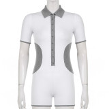 Lapel Breasted Contrast Panel Casual Jumpsuit Shorts