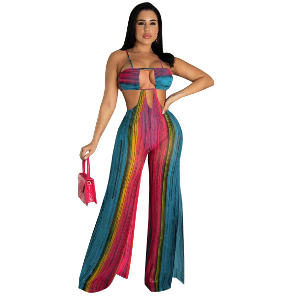 Nightclub wear strapless backless sexy print wide-leg jumpsuit