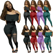 Off-the-shoulder lotus leaf burnt ripped slim jumpsuit