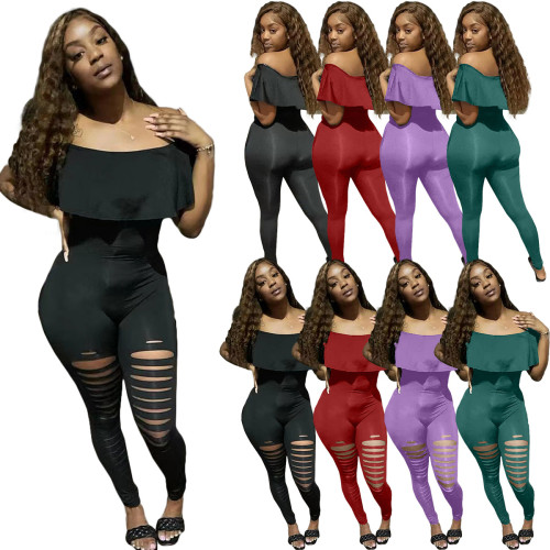 Off-the-shoulder lotus leaf burnt ripped slim jumpsuit
