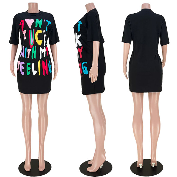 Fashion Multicolor Contrast Letter T-Shirt Dress