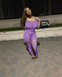 Off-the-shoulder lotus leaf burnt ripped slim jumpsuit