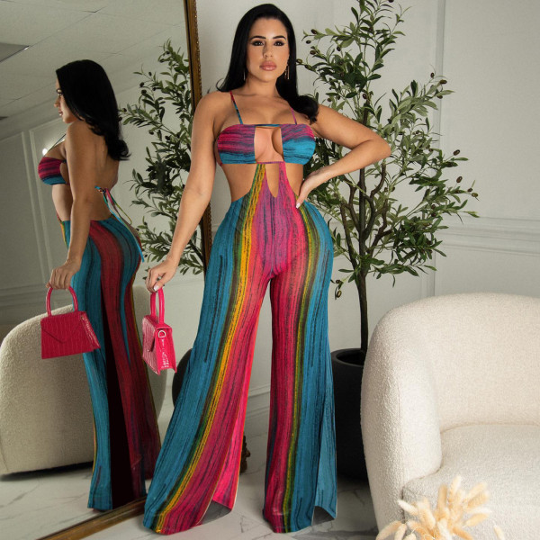Nightclub wear strapless backless sexy print wide-leg jumpsuit