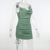 Chain Gathered Dress Drawstring Pile Neck Sexy Short Skirt