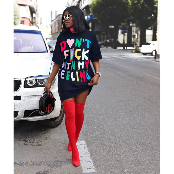 Fashion Multicolor Contrast Letter T-Shirt Dress