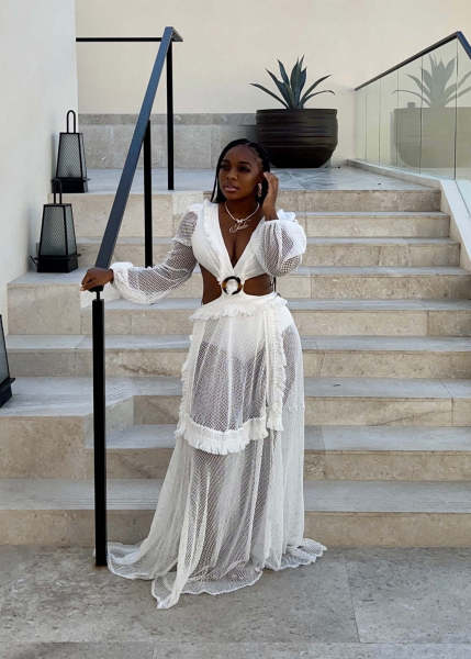 Sexy solid color lace mid-waist maxi dress