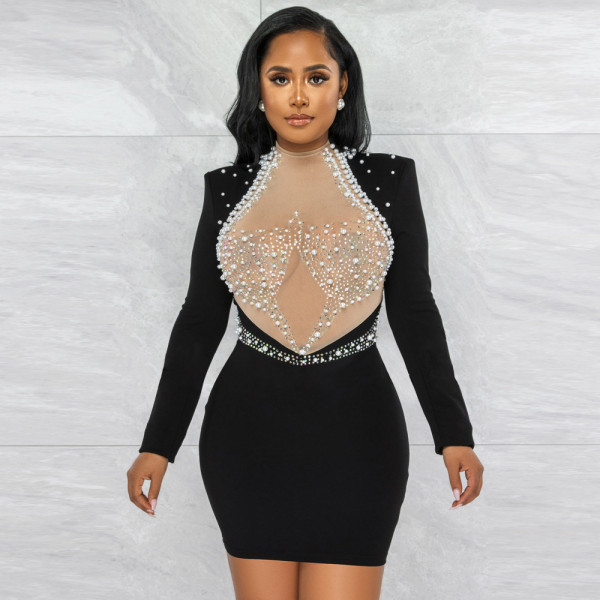 Fashion Sexy Perspective Hot Drill Beads Leaky Back Dress with Shoulder Cotton