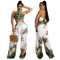 Sleeveless wrap chest lace-up top with loose high waist long two-piece set Sleeveless wrap chest lace-up top with loose high waist long two-piece set