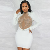 Fashion Sexy Perspective Hot Drill Beads Leaky Back Dress with Shoulder Cotton
