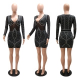 Fashion sexy V-neck hot diamond dinner party bag hip perspective dress nightclub style