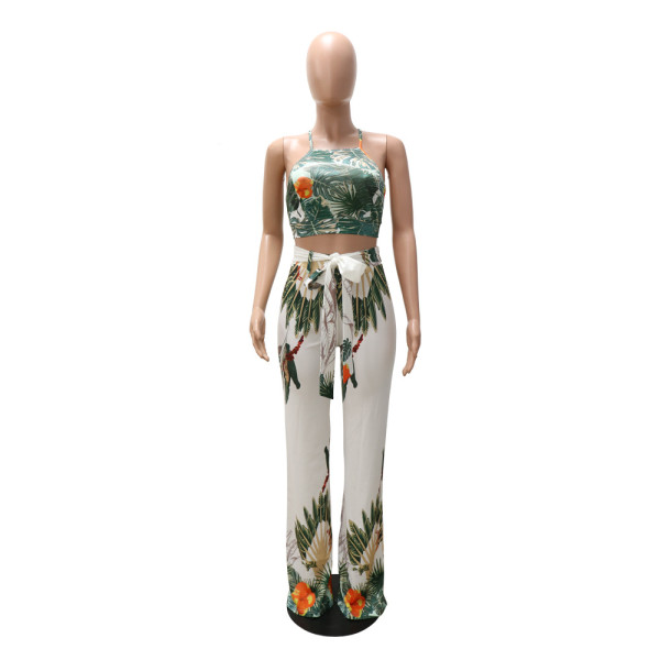 Sleeveless wrap chest lace-up top with loose high waist long two-piece set