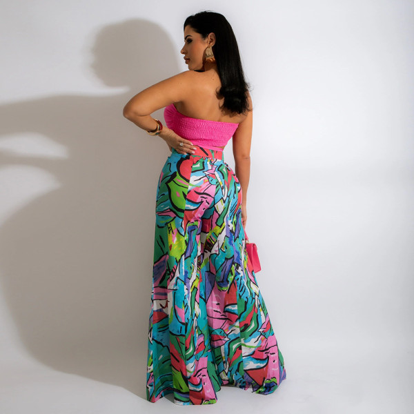 Fashion Casual Wrap Chest Seaside Vacation Style Wrap Chest Loose Wide Leg Pants Set