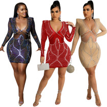 Fashion sexy V-neck hot diamond dinner party bag hip perspective dress nightclub style