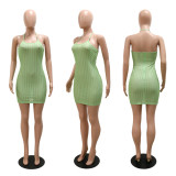 Fashion sexy suspenders halter neck leak back solid color see-through dress