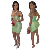 Fashion sexy suspenders halter neck leak back solid color see-through dress