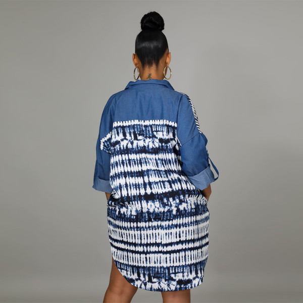 Fashion Print Stitching Denim Long Sleeve Loose Long Top Without Belt Women