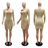 Fashionable and sexy deep V-neck hollow slit bag hip hot diamond dress with shoulder cotton