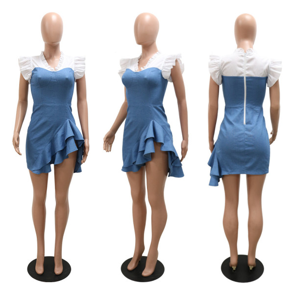 Fashionable and casual all-match V-neck fungus edge pleated slim slim dress