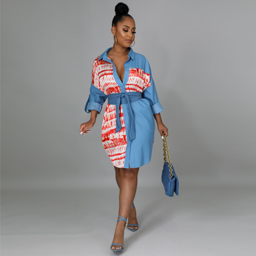 Fashion Print Stitching Denim Long Sleeve Loose Long Top Without Belt Women