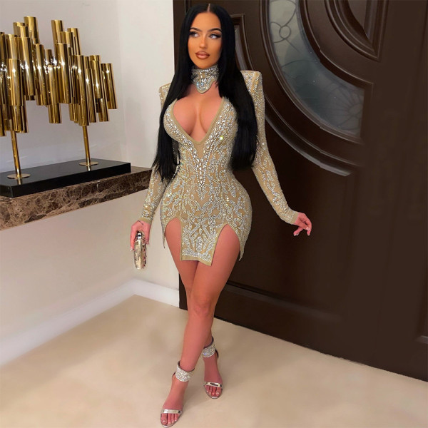 Fashionable and sexy deep V-neck hollow slit bag hip hot diamond dress with shoulder cotton