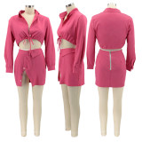 Solid Color Slit Tie Skirt Suit