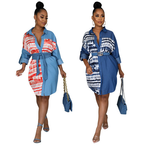 Fashion Print Stitching Denim Long Sleeve Loose Long Top Without Belt Women